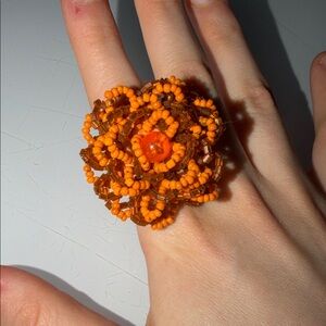 Orange Beaded Flower Ring